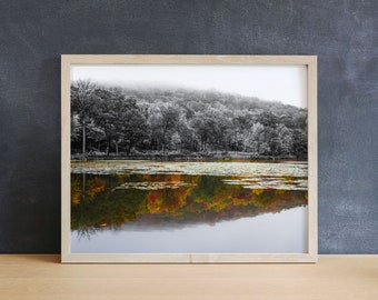Fall Foliage Reflection Print | Hudson Valley, Autumn Leaves, New York Photography, Misty Forest Art, Lake Wall Art