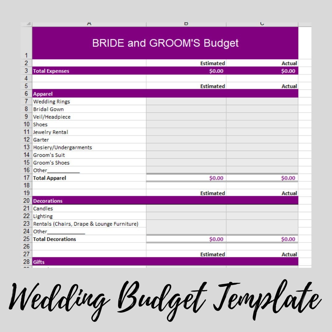 Wedding Budget Template | Excel Download - Etsy