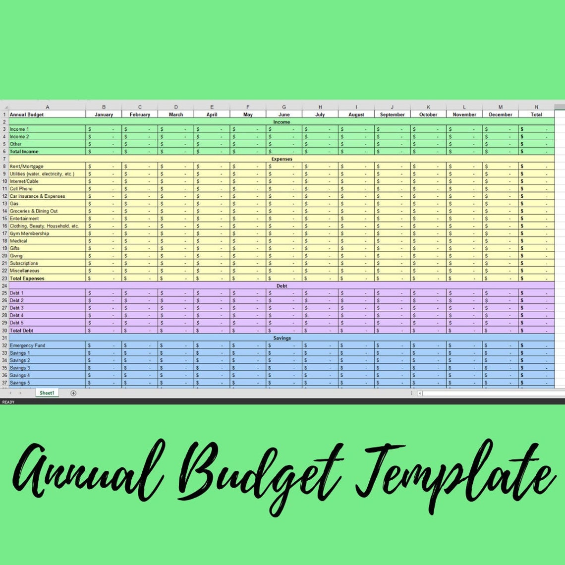 Annual Budget Template Excel Download Etsy