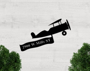 Airplane Address Sign, Address Sign, Airplane Decor, Plane Banner Sign, Metal Wall Art, Last name Sign, Metal House Numbers, Baby Name Sign