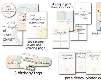 May include: A set of printable digital downloads for young women in the church. The set includes a calendar, goal sheets, bookmarks, stickers, conducting sheets, presidency binder covers, and birthday tags. The theme is "I am a disciple of Jesus Christ" with a sun and flower design.