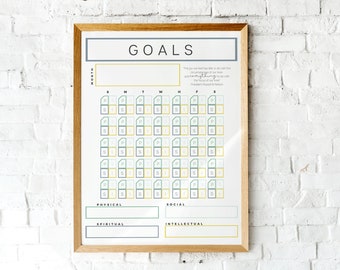 May include: A printable goal tracker with a monthly calendar grid and sections for physical, social, spiritual, and intellectual goals. The quote "The joy we feel has little to do with the *everything* of our life, it has to do with the focus of our love." by President Ronald Reagan is included.