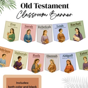 Pode incluir: Um banner de sala de aula com ilustrações de mulheres do Antigo Testamento, incluindo Eva, Sara, Rebeca, Lia, Raquel, Míriam, Débora, Rute, Ana, Abigail e Ester. O banner está disponível em cores e em preto e branco.