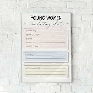 May include: A printable checklist for young women's meetings. The checklist includes sections for conducting, opening prayer, theme, lesson, closing prayer, birthdays, and announcements.