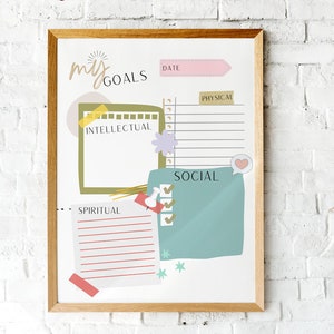 May include: A white framed poster with the words "my GOALS" in black script. The poster is divided into four sections: "Intellectual", "Social", "Physical", and "Spiritual". Each section has a space for writing goals and a checklist.