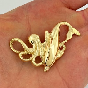 14k Solid Yellow Gold Dolphin And Octopus Pendant Nautical Charm Slide