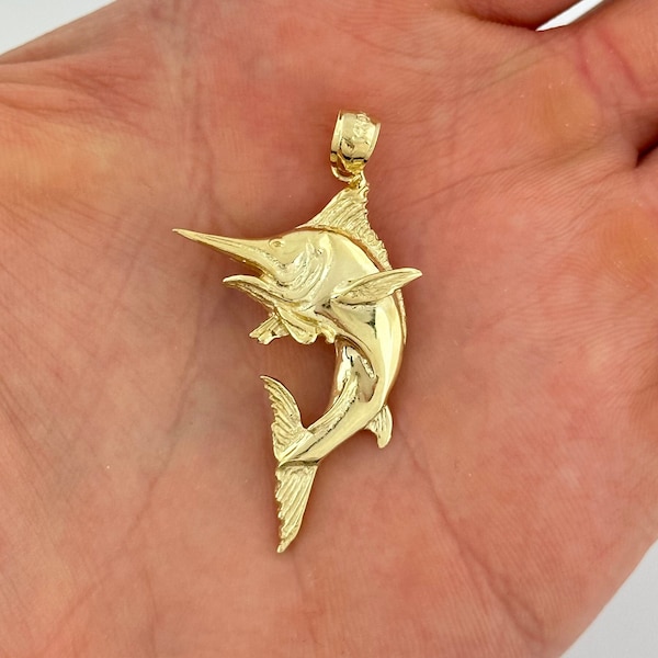 14k Solid Yellow Gold Marlin Nautical Charm Fish Pendant