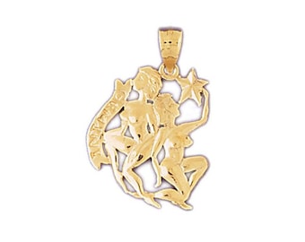 Solid 14k Yellow Gold Gemini Zodiac Sign Charm Twins Horoscope Symbol Pendant