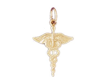 10k Yellow Gold Caduceus MD Pendant – Solitaire Diamond Medical Doctor Necklace Charm | Made In USA - View #6