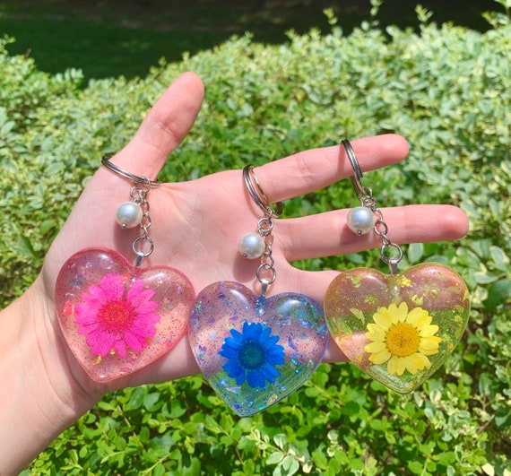 Resin Heart Keychain Flower Keychain Dried Flowers Charm 