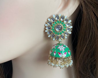 Wedding Jhumkas Earrings Traditional Indian Earrings SEA GREEN-RED Enamel Jhumkas Earrings,Meenakari Jaipuri Earrings