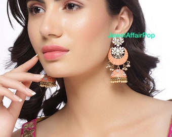 Wedding Jhumkas Earrings Traditional Indian Earrings SEA GREEN-RED Enamel Jhumkas Earrings,Meenakari Jaipuri Earrings