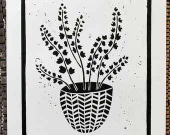 Maidenhair Fern / linocut / houseplant / original print / arte en blanco y negro