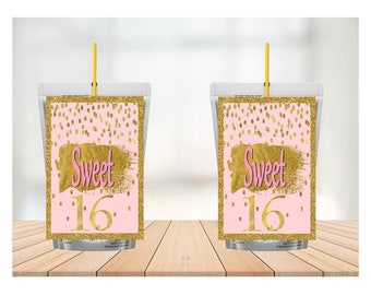 Étiquettes de jus Sweet 16 roses et dorées