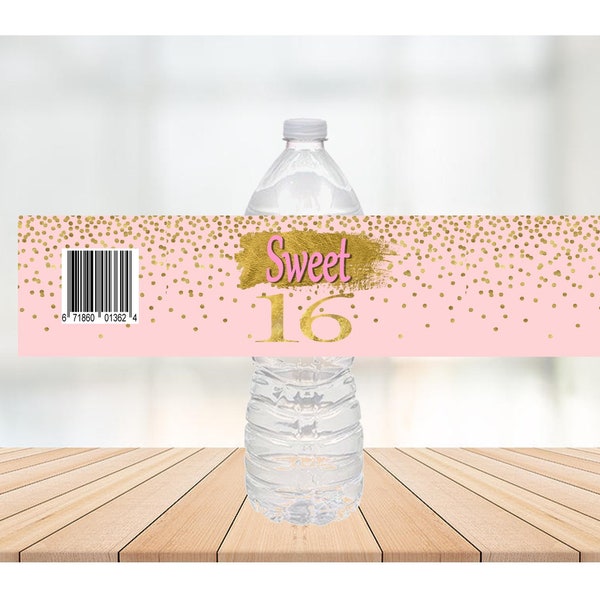 Pink and Gold Sweet 16 Water Bottle Label