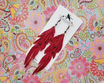 Leather Feather Earrings - Cardinal Red