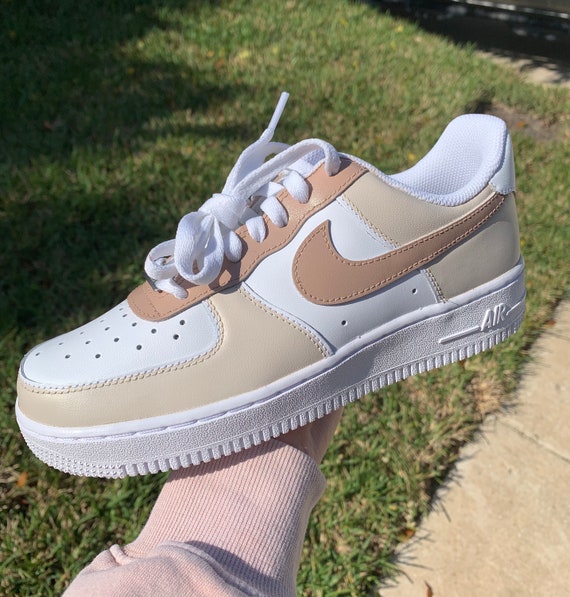 Brown Neutral - Custom Kids Nike Air Force 1 - Beige Khaki Sneakers