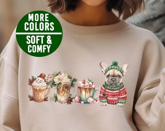 French Bulldog Christmas Coffee Sweatshirt, Cute Frenchie Christmas Sweatshirt, French Bulldog Gift, Frenchie Mom Shirt, French Bulldog Mom