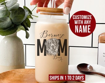 Personalized Bernese Mountain Dog Frosted Glass Cup, Custom Bernese Mom Frosted Glass Tumbler, Bernese Iced Coffee Glass, Bernese Mom Gifts