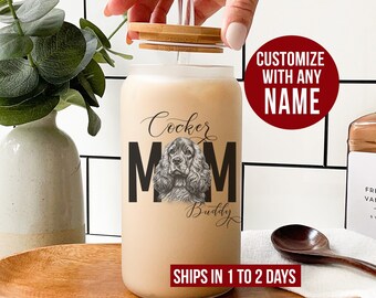 Personalized Cocker Spaniel Frosted Glass Cup, Custom Cocker Mom Glass Tumbler, Cocker Spaniel Glass Can, Cocker Spaniel Iced Coffee Glass