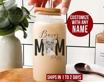 Personalized Boxer Dog Frosted Glass Cup, Custom Boxer Mom Glass Tumbler, Boxer Dog Iced Coffee Glass, Boxer Mom Gift, Boxer Mom Glass Can