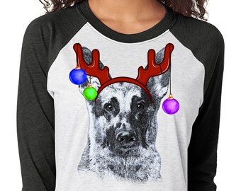 German Shepherd reindeer raglan shirt, Plus Sizes, German Shepherd Christmas, Next Level raglan t-shirt, GSD tee, funny dog shirt