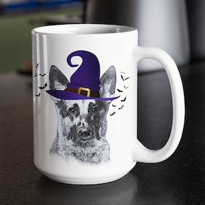 Halloween German Shepherd mug, 15 oz ceramic mug, German Shepherd in witch hat, funny coffee mug, sublimation mug, German Shepherd mug