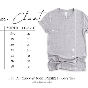以下が含まれることがあります： Bella + Canvas 3001 ユニセックスジャージTシャツのサイズチャート。チャートは、XSから3XLまでのサイズについて、幅と長さをインチで示しています。