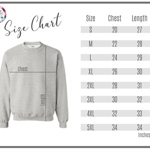 May include: Size chart for a sweatshirt with measurements in inches for chest and length. Sizes range from S to 5XL.