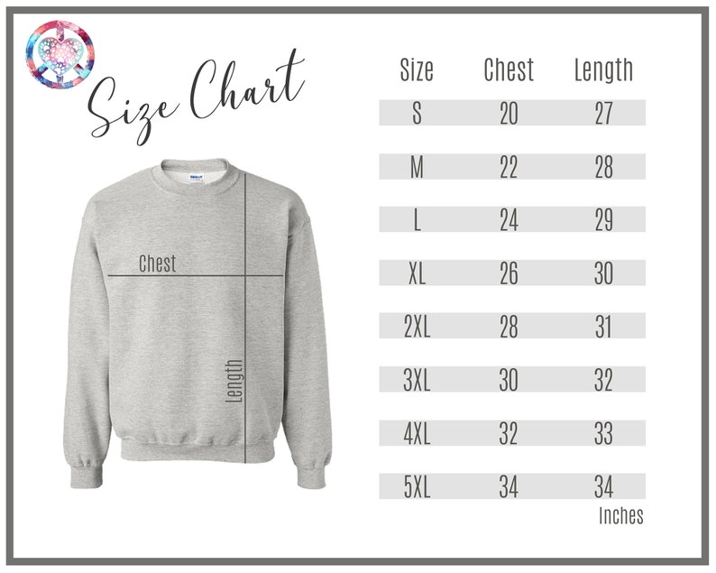 May include: Size chart for a sweatshirt with measurements in inches for chest and length. Sizes range from S to 5XL.