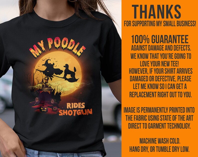 May include: Black t-shirt with a graphic of a poodle dressed as a witch riding a broomstick in front of a full moon. The text "My Poodle Rides Shotgun" is printed below the graphic.