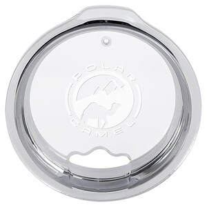 May include: A clear plastic lid with a shiny chrome rim. The lid features the words "POLAR CAMEL" in a circular design, with a mountain and camel graphic in the centre. The lid has a small hole and a drinking spout.