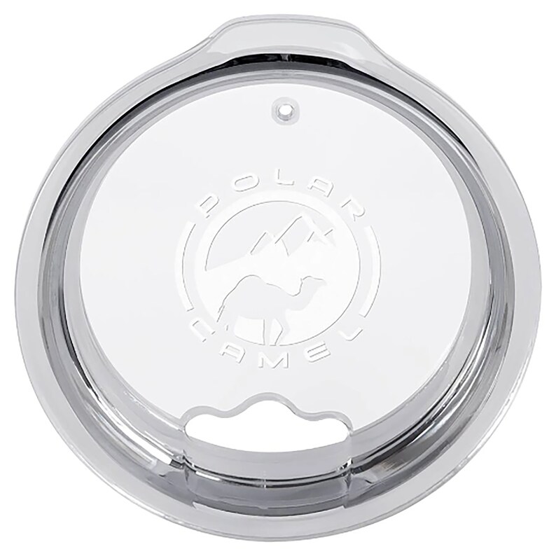 May include: A clear plastic lid with a shiny chrome rim. The lid features the words "POLAR CAMEL" in a circular design, with a mountain and camel graphic in the centre. The lid has a small hole and a drinking spout.