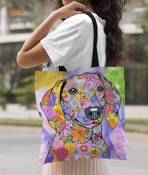 Embroidered Santa Dachshund Canvas Tote Bag 10" x 14" x 3.25" Makes a Great Gift 