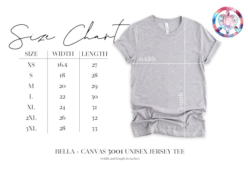 May include: Size chart for a unisex jersey tee, showing width and length measurements in inches for sizes XS to 3XL. The chart is printed on a white background with black text.