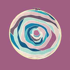 Puede incluir: Un aro de bordado circular con un patr&oacute;n de l&iacute;neas azules, rosas y blancas que se arremolinan. Las l&iacute;neas crean un efecto de espiral, que se asemeja a una flor o una galaxia.