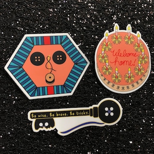 Coraline Inspired Vinyl Stickers: Button Box, Button Key, and "Welcome Home" Cake