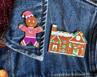 Gingerbread Cookie AND Gingerbread House Enamel Pin Set