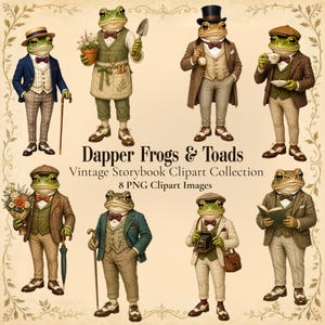 May include: A collection of eight digital illustrations featuring anthropomorphic frogs and toads dressed in formal vintage attire, including suits, vests, bow ties, and hats, with accessories like umbrellas, books, cameras, and flowers, labeled Dapper Frogs & Toads.