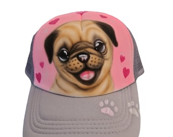 Freehand Airbrushed Pug on a pink truckers cap. One of a kind. Cute as.