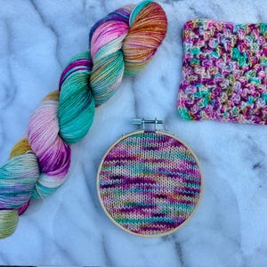 May include: A skein of colorful yarn, a small crocheted square, and a knitted piece in a wooden embroidery hoop. The yarn is a blend of pink, green, yellow, and purple. The knitted items have a similar color palette.