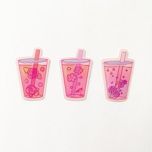 Adesivos florais para chá/ Boba/ Chá de bolhas/ Flores/ Adesivos para planejadores/ Recorte/ Diário/ Diário/ Adesivos kawaii/ Adesivos fofos