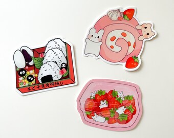 Cute Food Vinyl Stickers – Bento, Cake, and Strawberry Stickers Perfect for Laptops, Water Bottles, and More