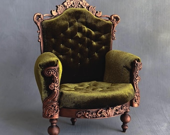 Poltrona vittoriana in velluto verde per bambole in scala 1/6, 1/4 e 1/12, sedia rococò in miniatura, mobili di lusso per casa delle bambole.