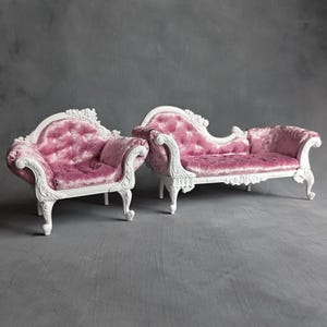 1/6 Scale Rococo Furniture Set Pink Velvet Playscale Doll Chaise Lounge French Boudoir Decor