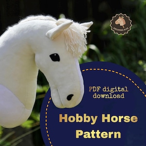 May include: A plush white hobby horse head with a cream-colored mane and black eyes. The image includes a navy blue circle with gold text that reads "Hobby Horse Pattern" and "PDF digital download".