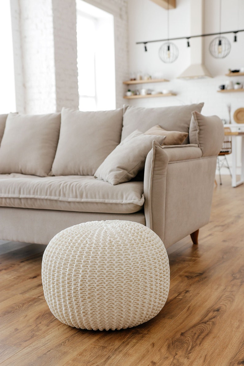 Pouf Ottoman/ Footstool Pouffe/ Knitted Pouf/ White Pouf/ Etsy