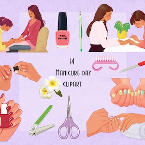 Hora da manicure, garotas bonitas fazendo as unhas Ferramentas de arte para unhas, clipart de esmaltes Download instantâneo