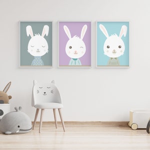Set of 3 Nursery Prints-Boy and Girl gallery wall-Rabbit nursery print-Kids Room Decorations - Cute Rabbit bundle -Rabbit nursey wall art