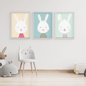 Set of 3 Nursery Prints - Boy and Girl gallery wall - Rabbit nursery print - Kids Room Decorations